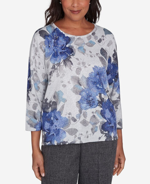 Women's Worth Avenue Watercolor Floral Shimmer Crew Neck Top