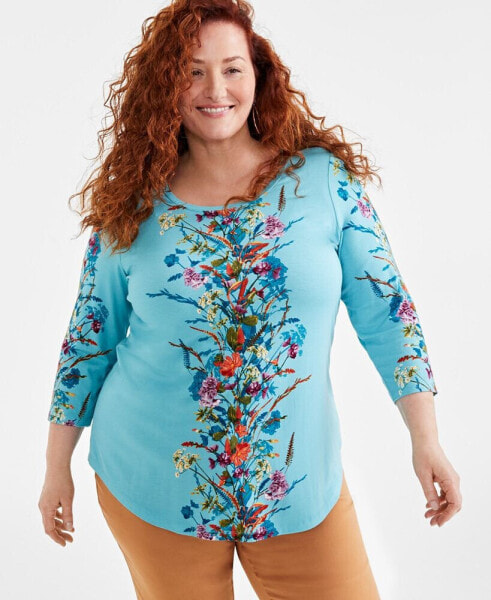 Plus Size Floral-Print Scoop-Neck Top, Created for Macy's