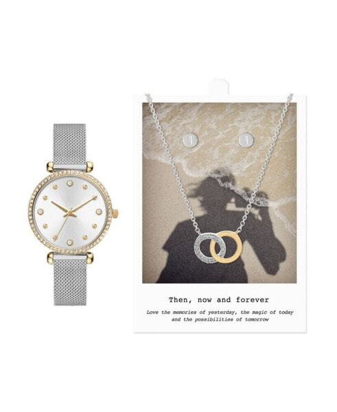Women's Analog Silver-Tone Metal Alloy Mesh Watch 33mm Necklace and Earring Gift Set, 3 Pieces