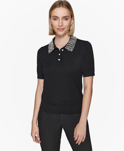 Women's Embellished Knit Polo Top