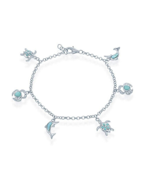 Sterling Silver Larimar Turtle, Crab and Dolphin Charms Bracelet