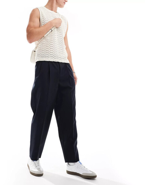 ASOS DESIGN smart oversized tapered trousers with double pleat in navy