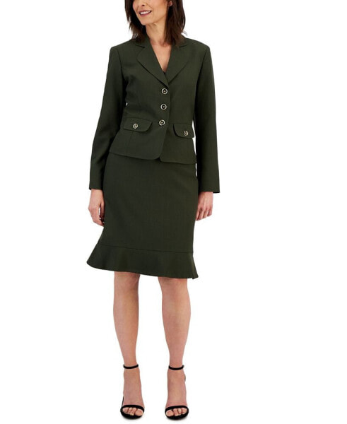 Three-Button Jacket & Flounce-Hem Skirt, Regular & Petite