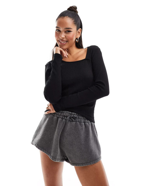 JDY long sleeve ribbed square neck top in black