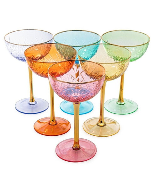 Martini And Champagne Vintage Art Deco Coupe Glasses,, Set of 6