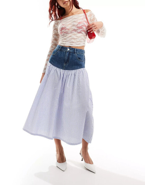 Urban Revivo stripe spliced denim midaxi skirt in blue