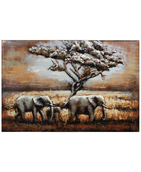 Elephants Mixed Media Iron Hand Painted Dimensional Wall Art, 32" x 48" x 2"