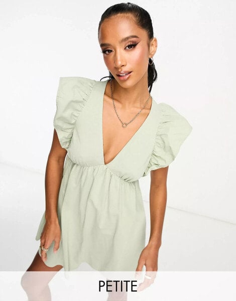 Miss Selfridge Petite smock mini dress with frill sleeve in sage green