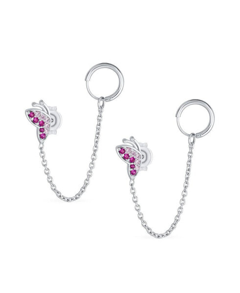 Helix Double Piercings Chain & Cable Ear Cuff Cartilage Earlobe CZ Pink Butterfly Tree of Life Earrings For Women .925 Sterling Silver Body Piercing