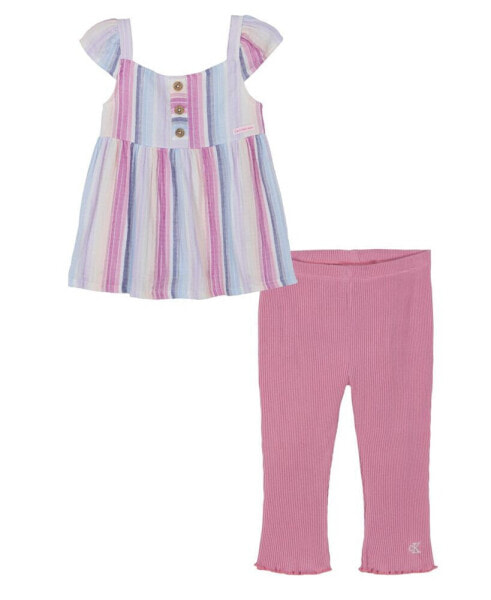 Toddler Girls Woven Striped Empire Tunic and Ribbed Capri Leggings, 2 Piece Set