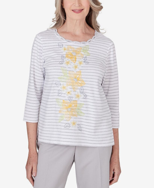 Petite Charleston Striped Floral Embroidered Top