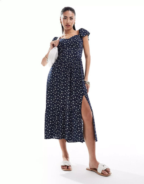 Hollister floral print flutter sleve v-waist midi dress in navy