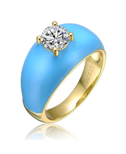 RA Young Adults/Teens 14k Yellow Gold Plated with Cubic Zirconia Solitaire Blue Enamel Dome Ring