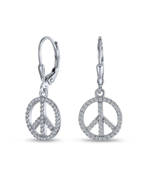 Message World Peace Sign Symbol Cubic Zirconia Pave CZ Lever back Drop Dangle Earrings For Women Rose Gold Plated .925 Sterling Silver