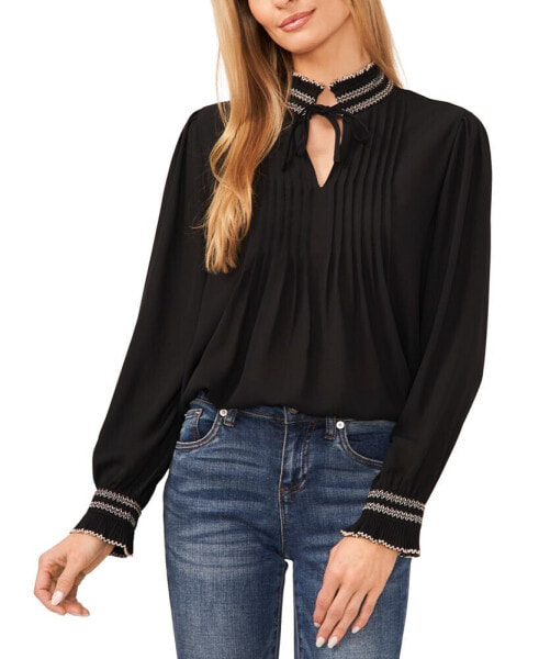 Women's Contrast Stitch Blouson Sleeve Pleated Front Top