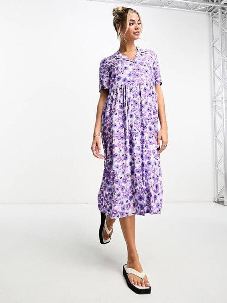 Monki midi shirt dress in lilac floral