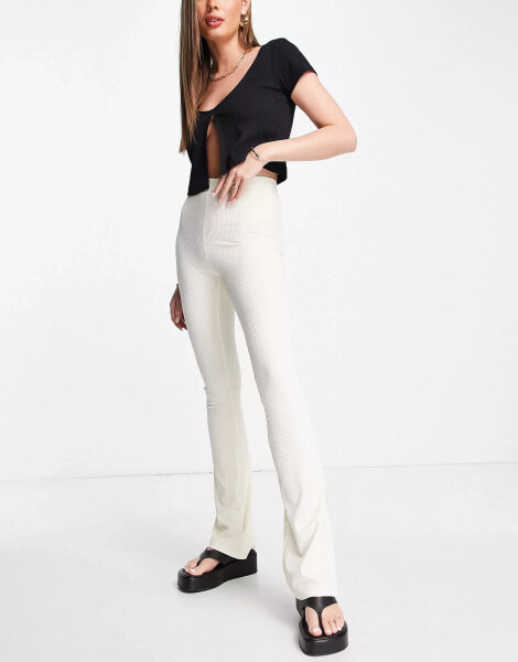 Topshop skinny rib flared trousers in beige