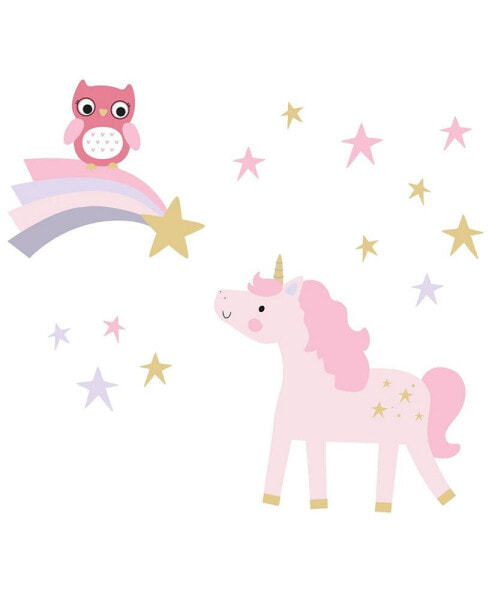 Rainbow Unicorn with Owl and Stars Pink/Gold Wall Decals