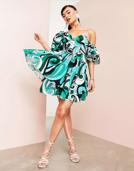 ASOS LUXE one shoulder cotton dress with corset detail and ruffles in green swirl print