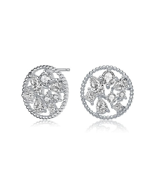 GV Sterling Silver White Gold Plated Ball Halo with Clear Multi Shape Cubic Zirconia Round Earrings
