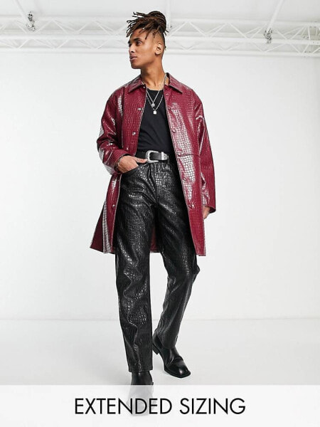 ASOS DESIGN faux leather snake trench coat in burgundy