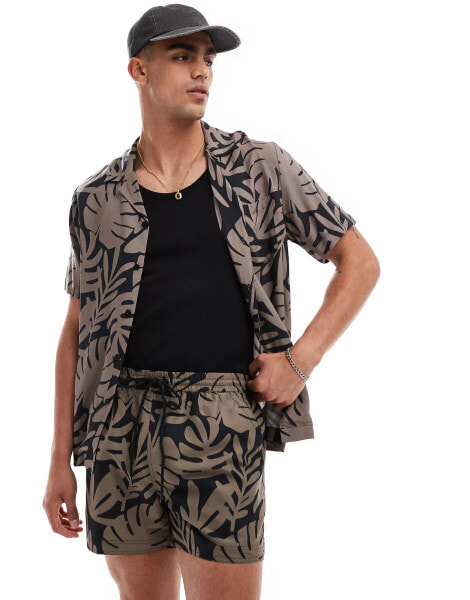 South Beach palm leaf beach shirt co-ord in black and beige