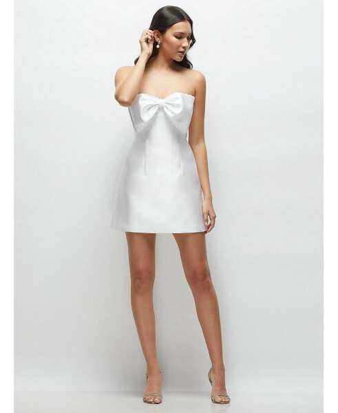 Women's Over Bow Strapless Little White Mini Dress with Pearl Accents