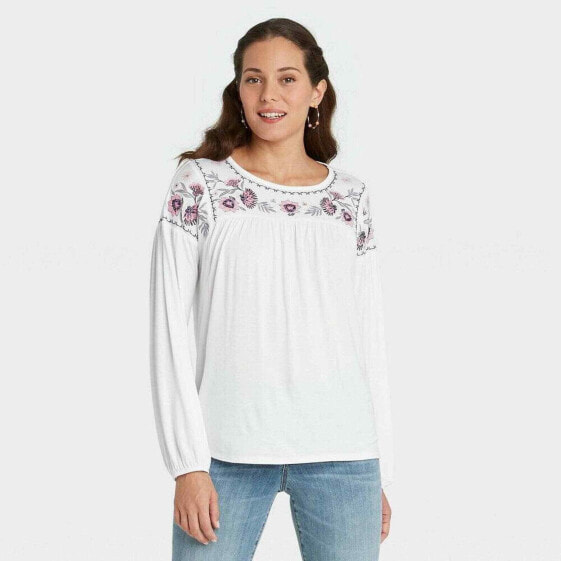 Women' Long Leeve Embroidered Knit Top - Knox Roe™ Ivory Size Small