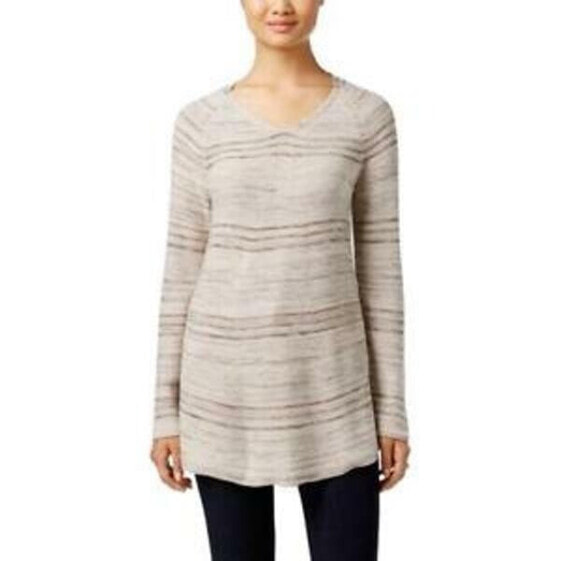 Style & Co Women's Striped Tunic V Neck Sweater Hammack Heather Combo L
