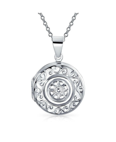 Bling Jewelry embossed Photo Round Circle Boho Scroll Flower Lockets For Women Teen That Hold Pictures .925 Sterling Silver Locket Necklace Pendant