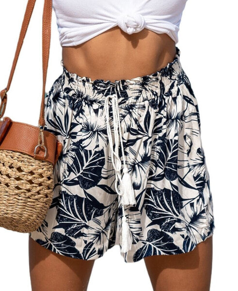 Women's Navy & White Smocked Waist Tassel Tie Shorts