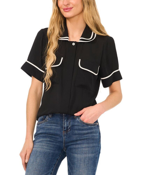 Women's Double Collar Tipped Short Sleeve Blouse