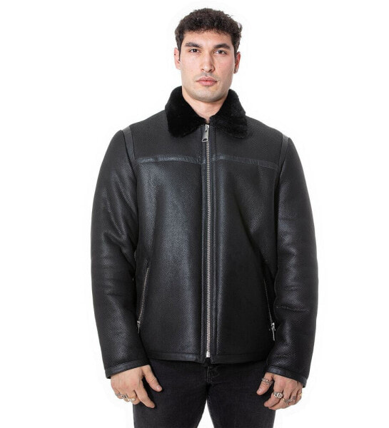 Men's Leather Banded Sheepskin Casual Jacket, Geo Pattern with Black Wool