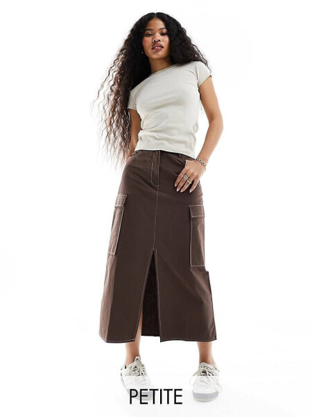 Vila Petite contrast stitch cargo skirt in brown