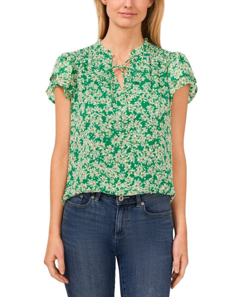 Women's Floral Clip-Dot Tie-Neck Flutter-Sleeve Top