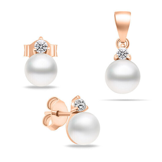 Elegant bronze jewelry set with pearls SET227R (earrings, pendant)