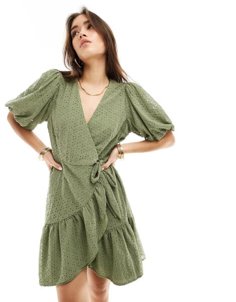 YAS broderie wrap mini dress in green - KHAKI