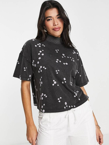 ASOS DESIGN boxy high neck tee in daisy embroidery in washed charcoal 