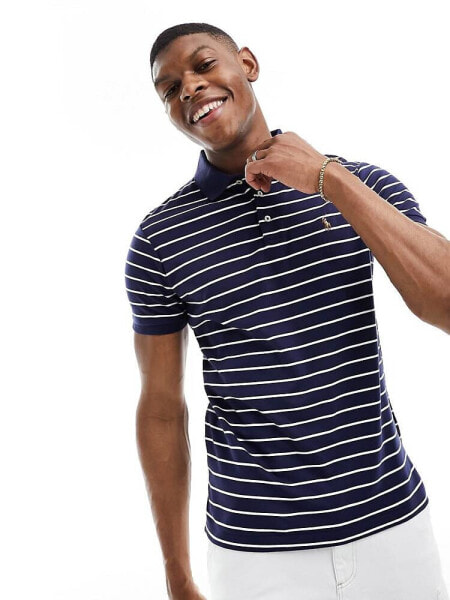 Polo Ralph Lauren icon logo stripe pima cotton polo slim fit in navy/white