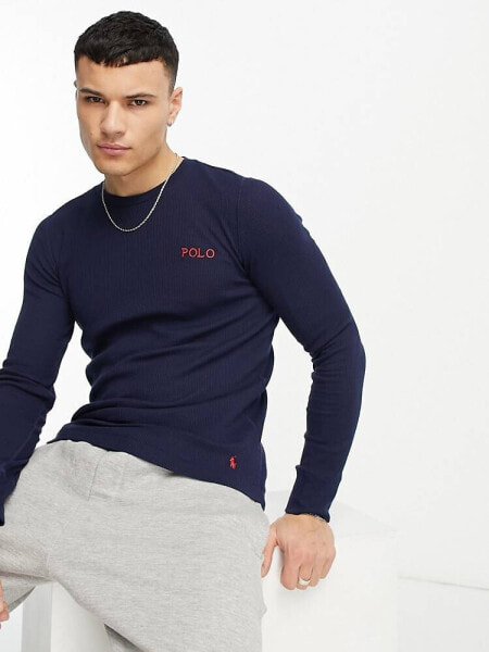 Polo Ralph Lauren loungewear long sleeve waffle t-shirt in navy with logo