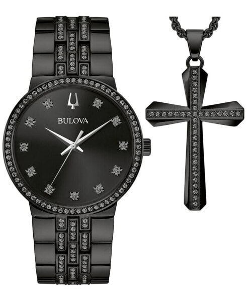Men's Classic Crystal Black-Tone Stainless Steel Bracelet Watch 40mm Gift Set