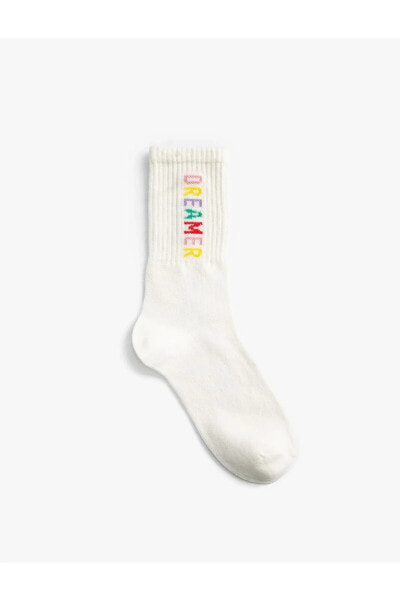 Slogan Işlemeli Soket Çorap