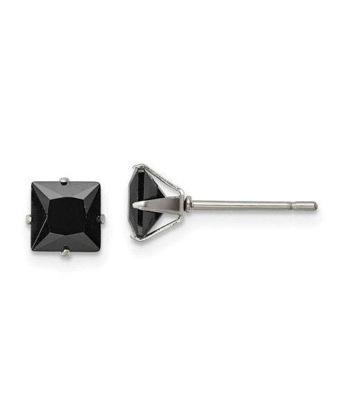 Stainless Steel Polished Black Square CZ Stud Earrings