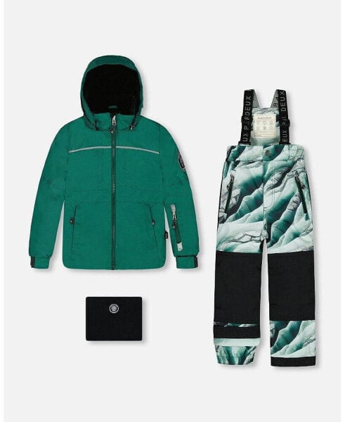 Big Boys Two Piece Snowsuit Forest Green Printed Glaciers