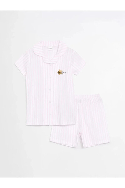 Kids Gömlek Yaka Çizgili Kısa Kollu Kız Çocuk Şortlu Pijama Takımı