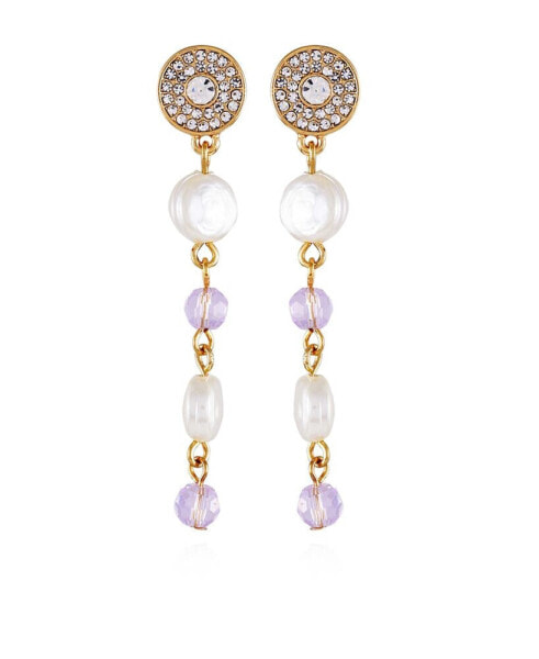Gold-Tone Lilac Violet Glass Stone and Imitation Pearl Long Drop Earrings