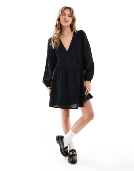 ASOS DESIGN smock dress with wrap front in black