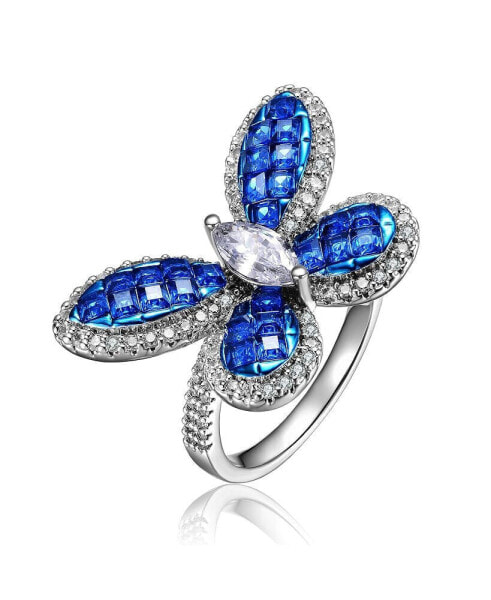 Sterling Silver with Rhodium Plated and Sapphire Cubic Zirconia Butterfly Ring