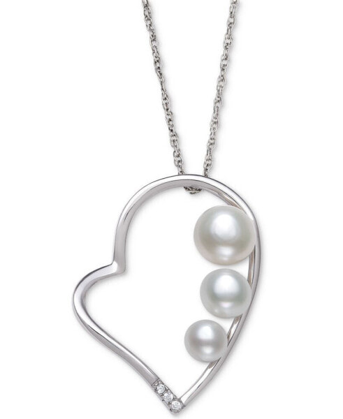 Cultured Freshwater Button Pearl (4 - 6mm) & Cubic Zirconia Heart 18" Pendant Necklace in Sterling Silver