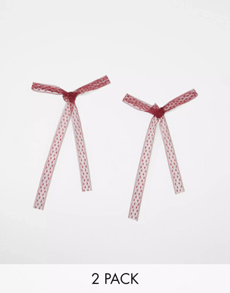 DesignB London pack of 2 broderie hair bow ribbons in dark red